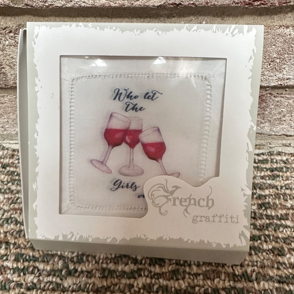 NEW French Graffiti Linen Cocktail Napkin - Who Let The Girls Out - Set of 4